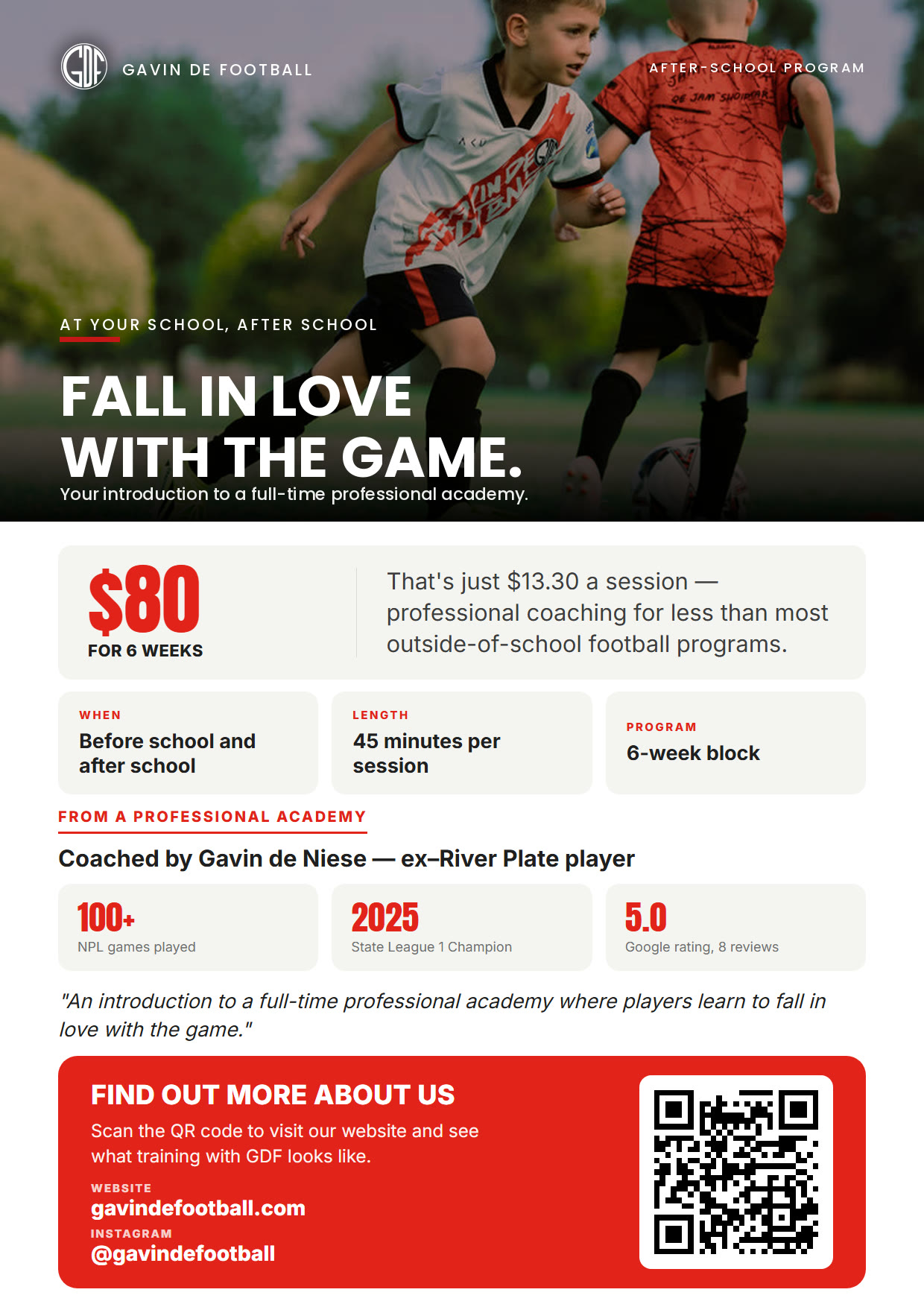 GDF schools program flyer — $80 for 6 weeks, 45 minutes per session, before and after school, coached by ex-River Plate player Gavin de Niese.